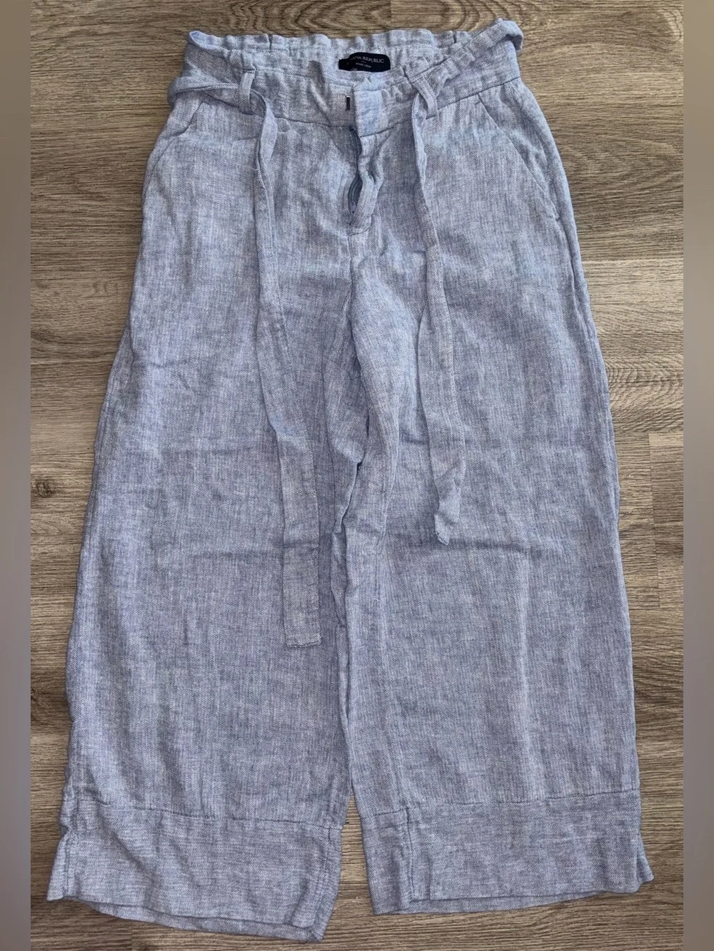Banana Republic Blue Linen Cropped Wide-Leg Tie-Waist Pants